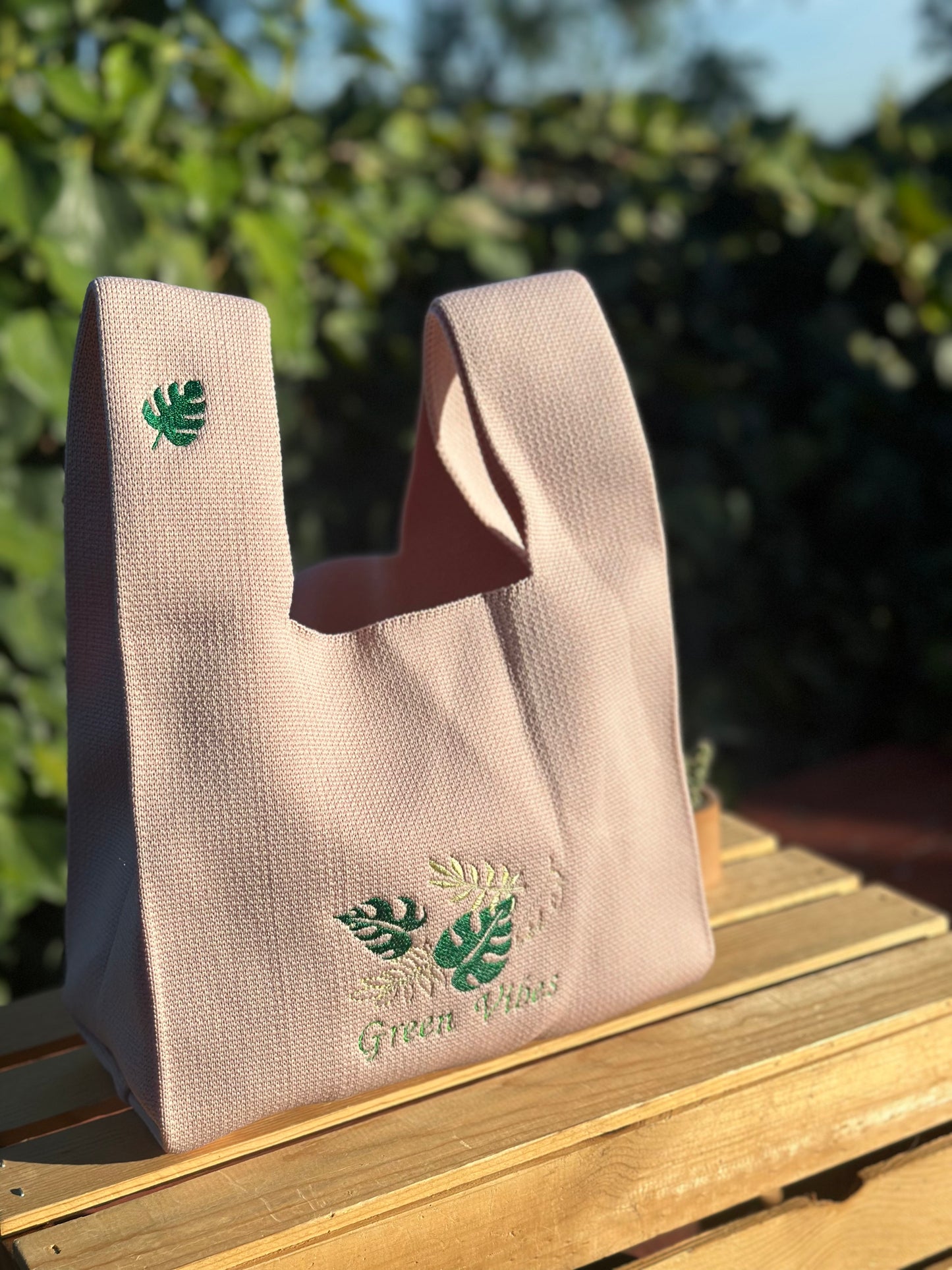 Embroidery Knit Bag - Monstera Green Vibes