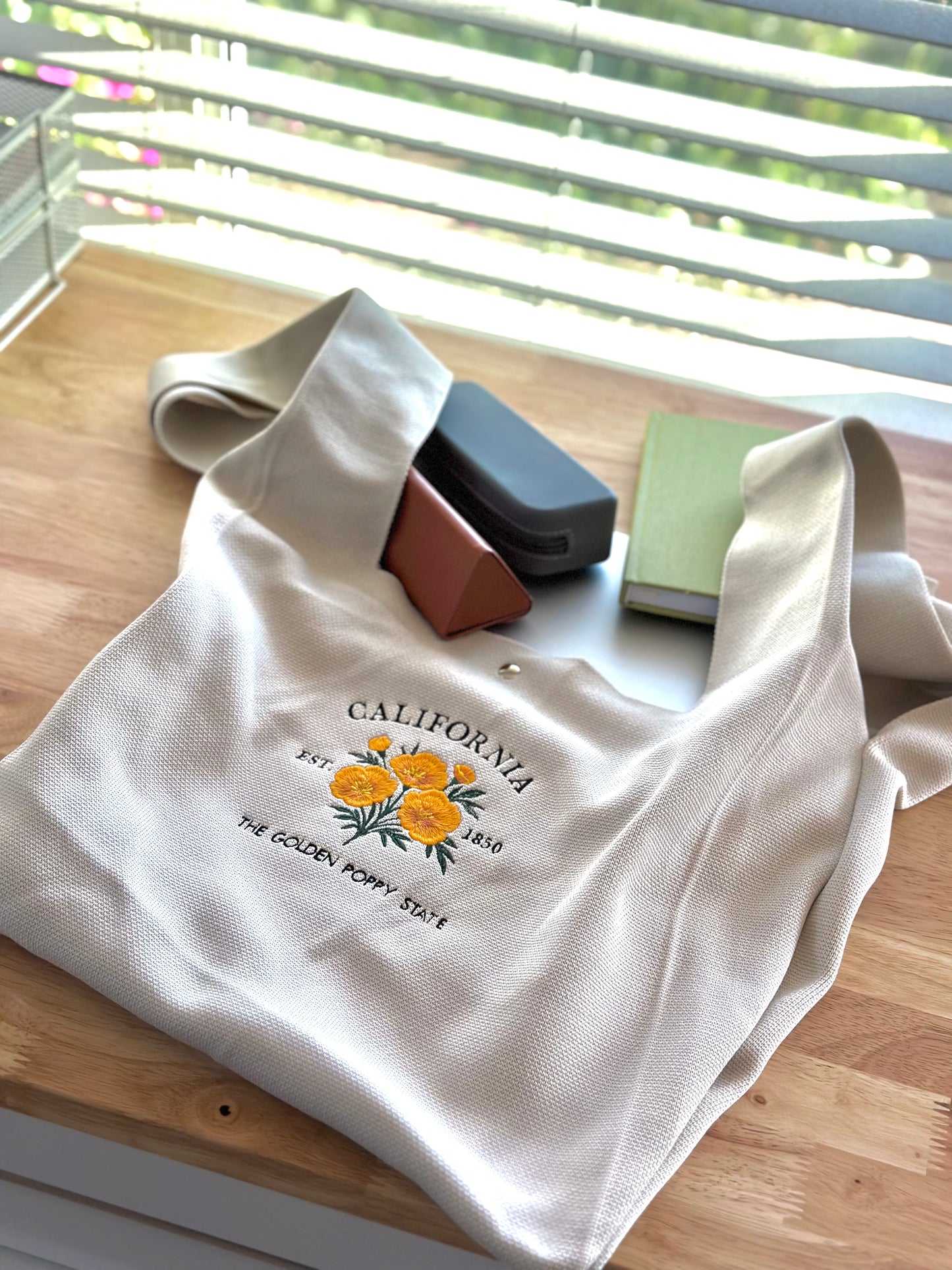 Large Tea Bag Grey Embroidered Knit Tote Bag