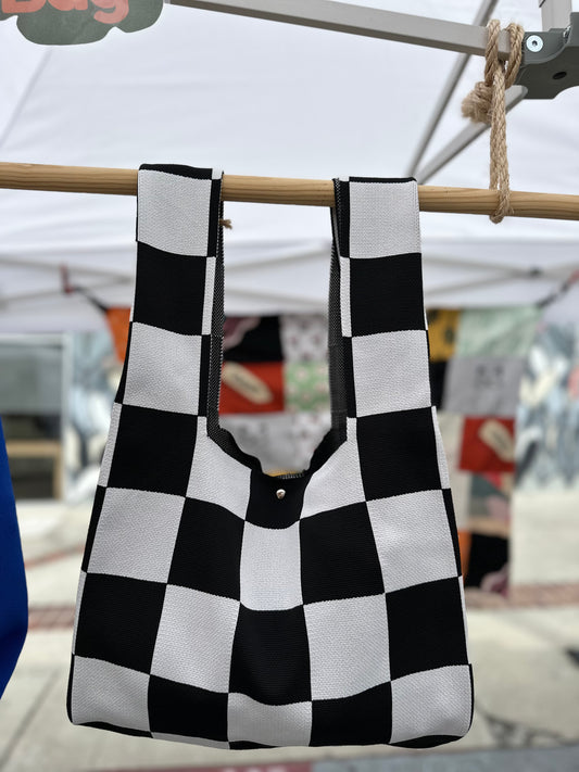 Large Knit Tote Bag - B&W Checker