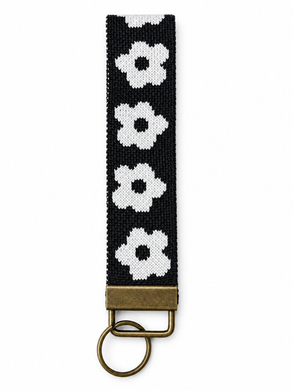 Knit Keychain - Black White Flower