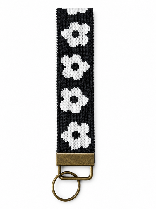 Knit Keychain - Black White Flower