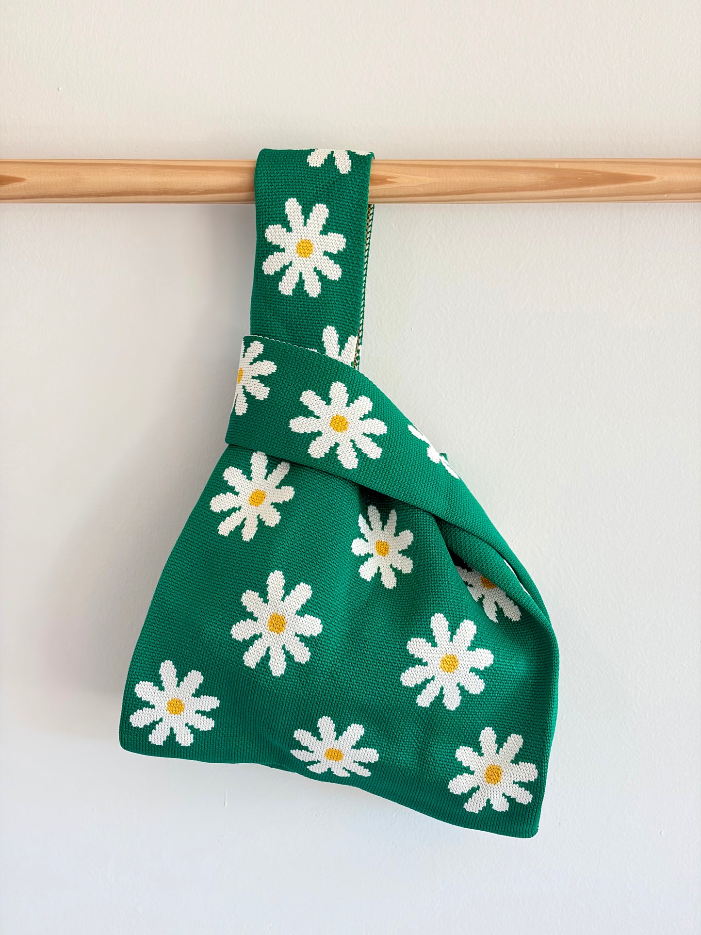 Daisy Green Flower Knit Tote Bag