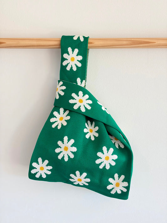 Daisy Green Flower Knit Tote Bag