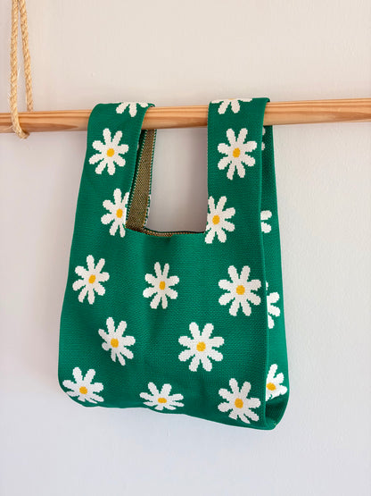 Daisy Green Flower Knit Tote Bag