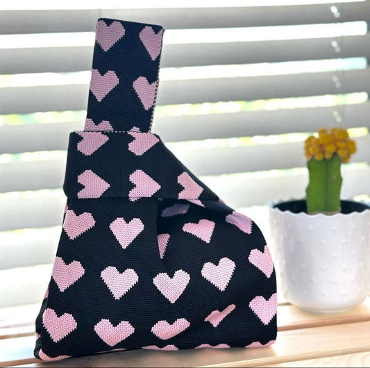 Knit Tote Bag - Black Pink Heart