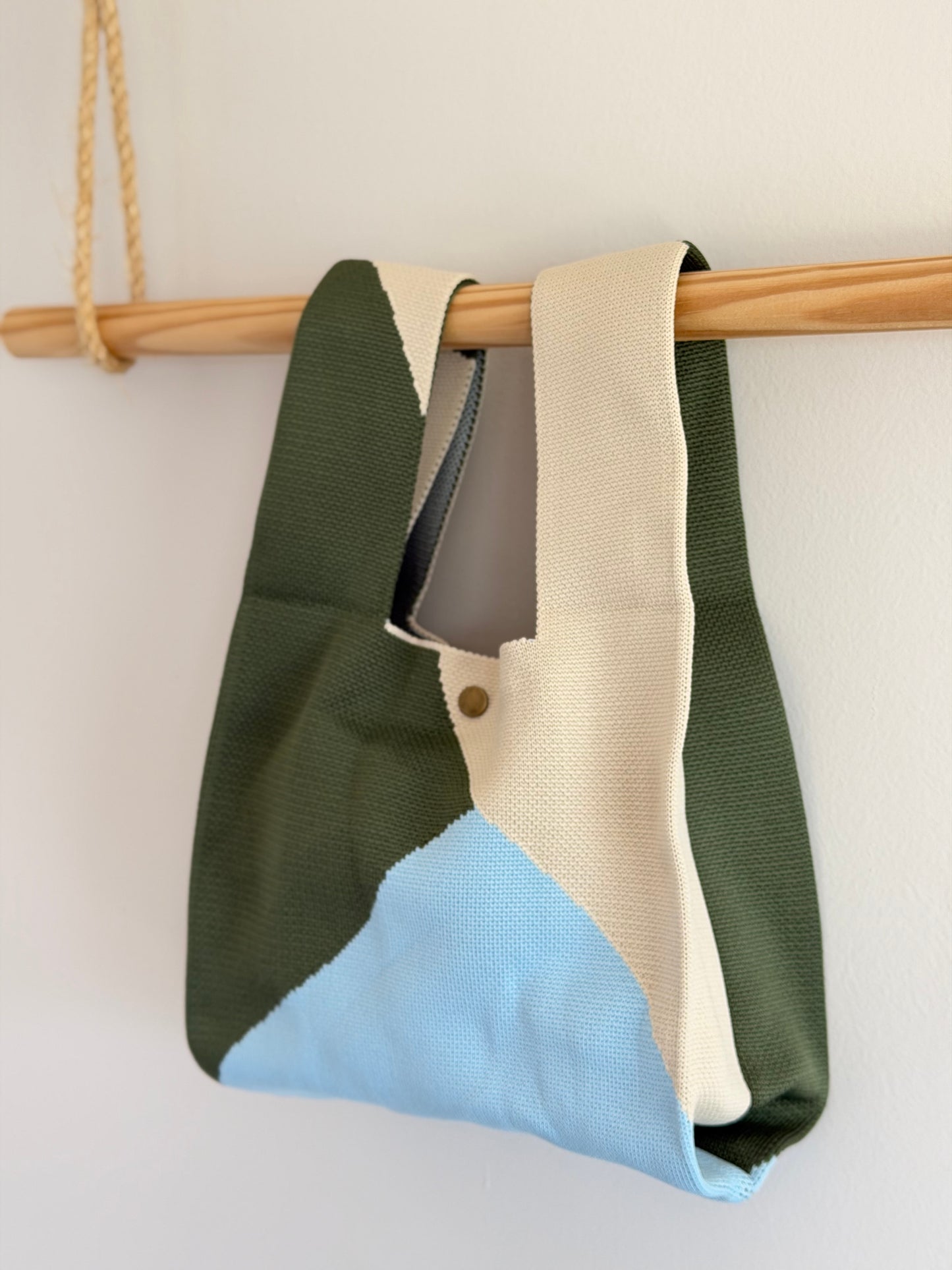 Pre-order!  Knit Tote Bag - Green Blue ColorBlock with Magnetic Snap