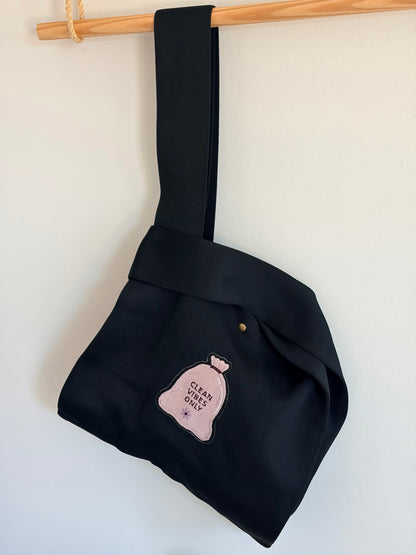 Large Clean Vibe Only Black Embroidered Knit Tote Bag