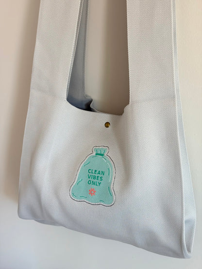 Large Clean Vibe Only Grey Embroidered Knit Tote Bag