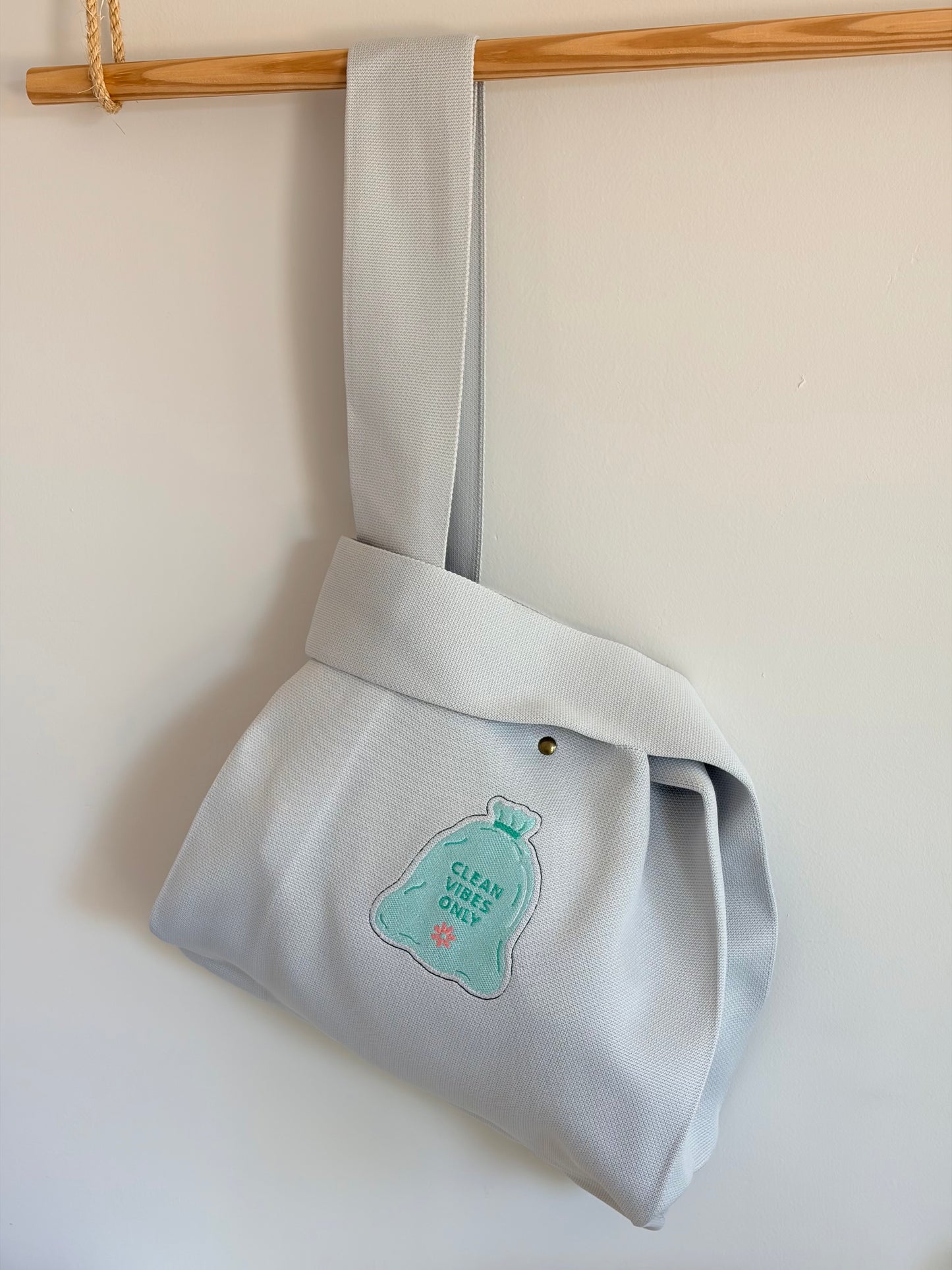 Large Clean Vibe Only Grey Embroidered Knit Tote Bag