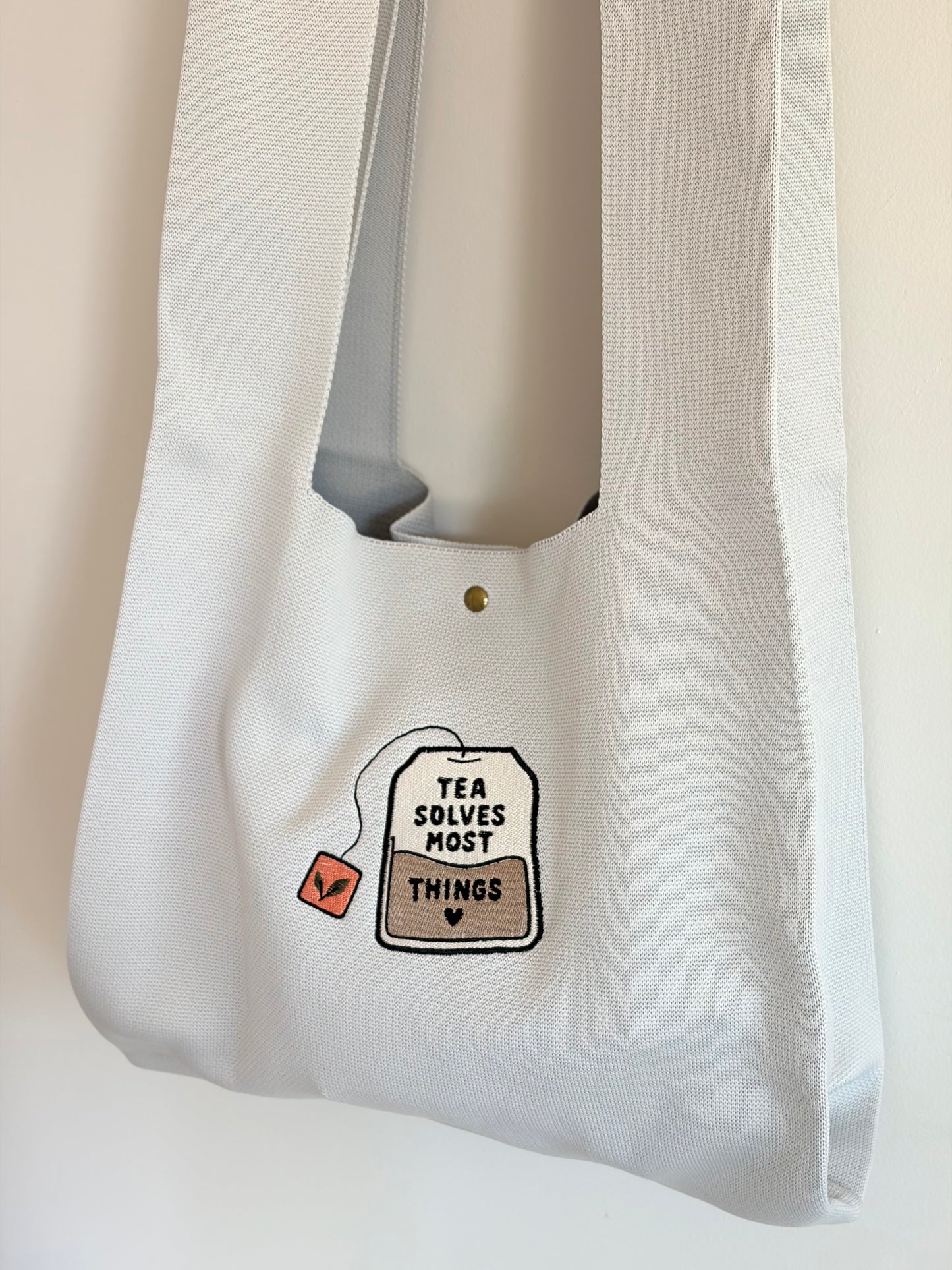 Large Tea Bag Grey Embroidered Knit Tote Bag