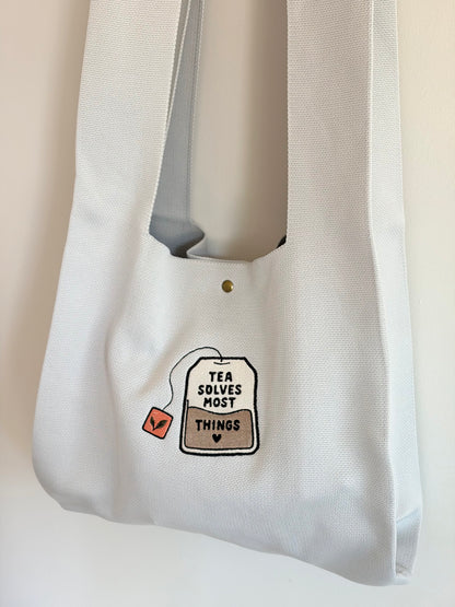 Large Tea Bag Grey Embroidered Knit Tote Bag