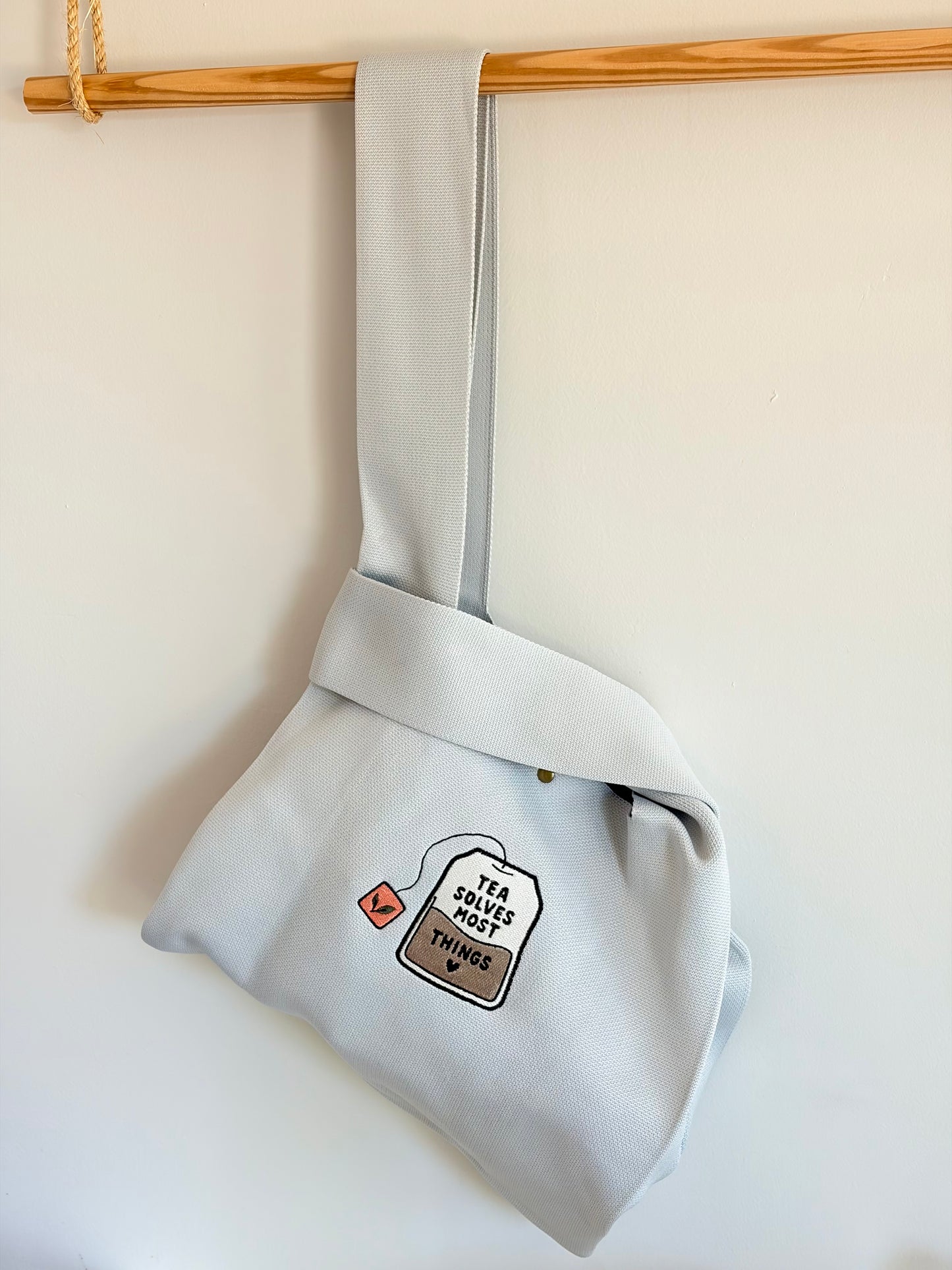 Large Tea Bag Grey Embroidered Knit Tote Bag