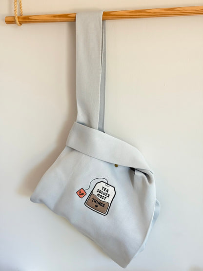 Large Tea Bag Grey Embroidered Knit Tote Bag