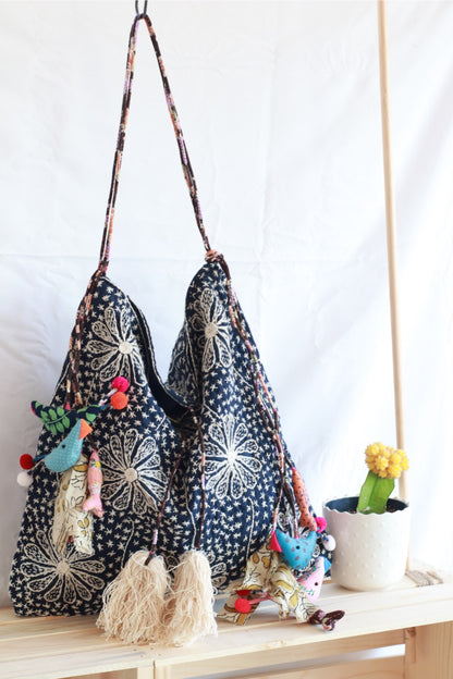 Artisan Hand-Stitch Bag -Twilight Flower | Adjustable Strap | Shoulder Bag | CrossBody Bag | Dark Blue Color