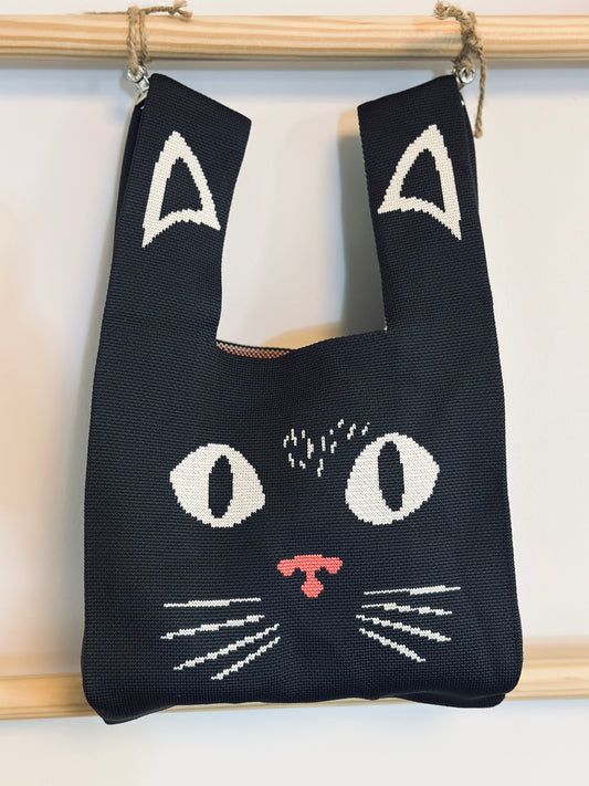 Knit Tote Bag - Black Cat