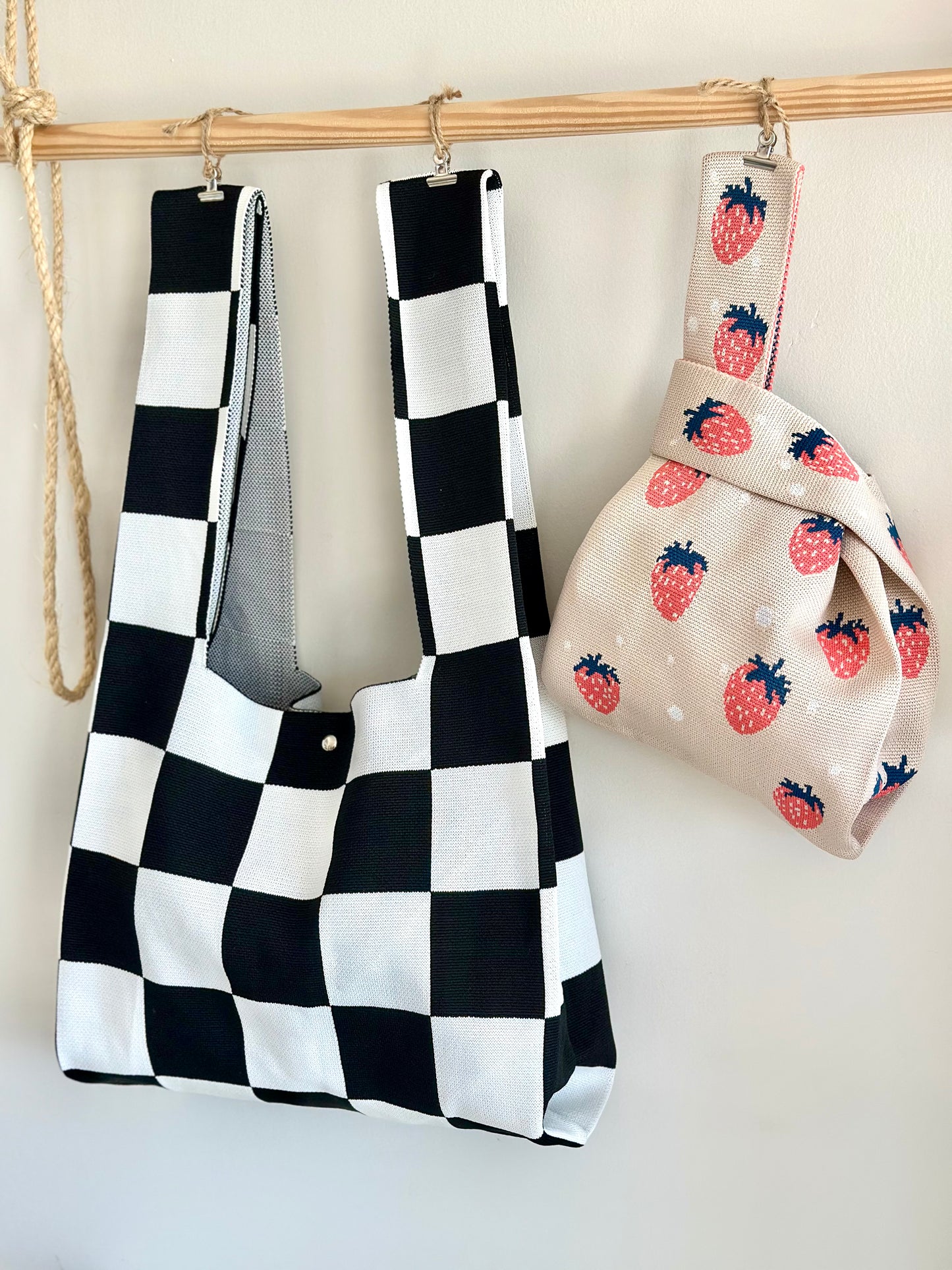 Large Knit Tote Bag - B&W Checker