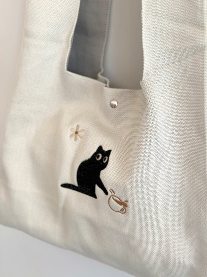 Large Embroidery Knit Bag - Black Cat