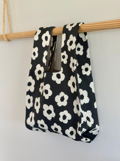 Black & White Flower Knit Tote Bag