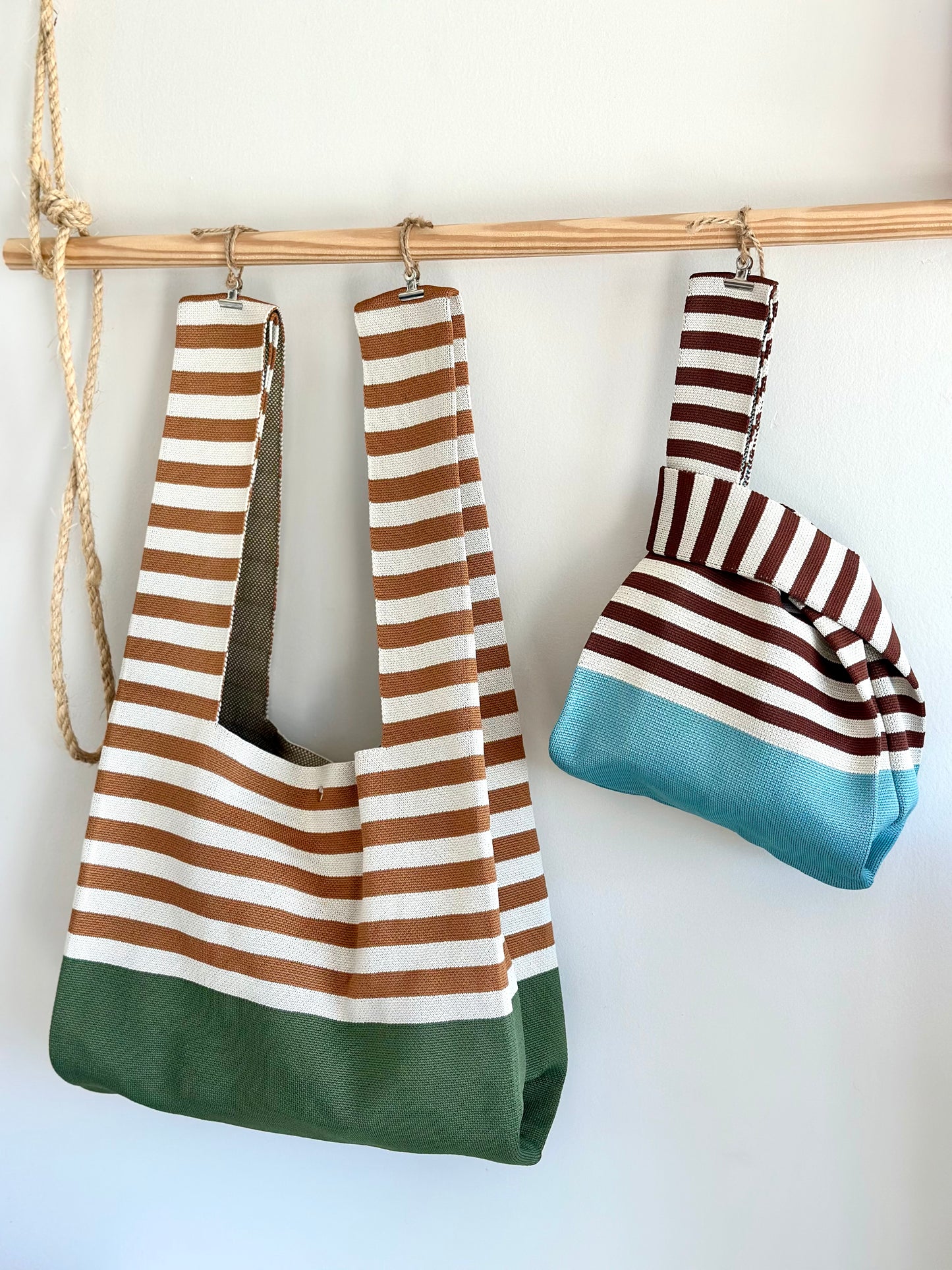 Large Brown Striped Knit Tote Bag