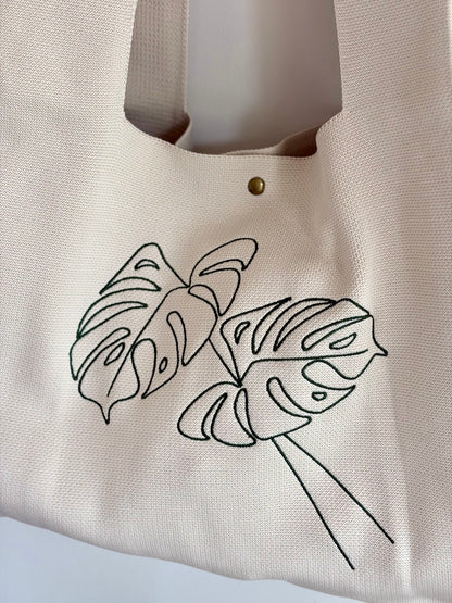Large Monstera Embroidered Knit Tote Bag