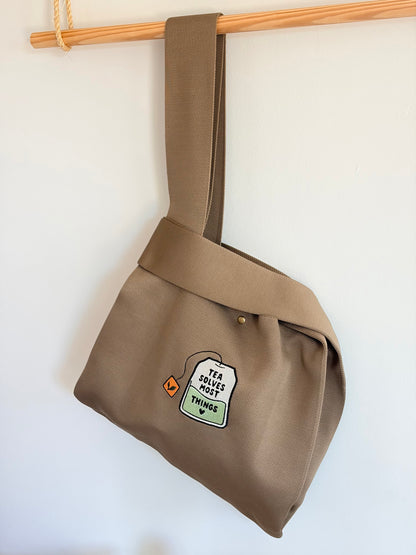 Large Tea Bag Brown Embroidered Knit Tote Bag