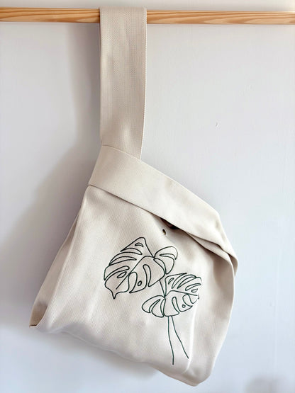 Large Monstera Embroidered Knit Tote Bag
