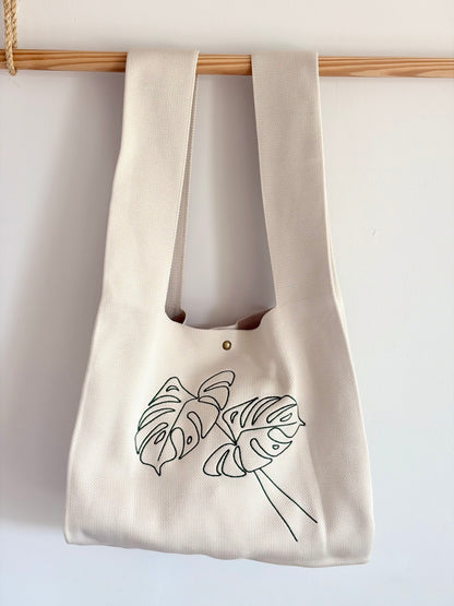 Large Monstera Embroidered Knit Tote Bag