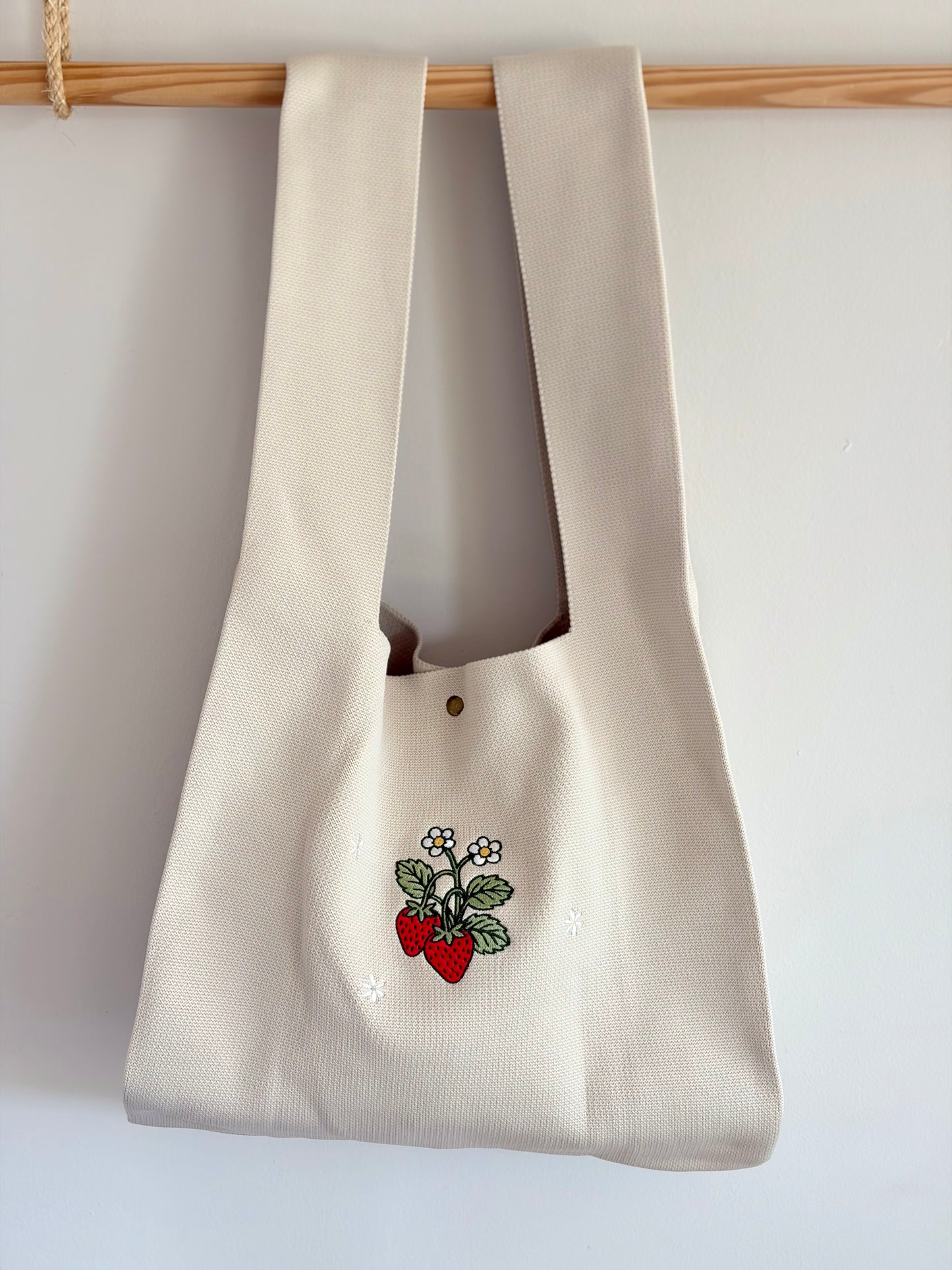 Large Strawberry Embroidered Knit Tote Bag