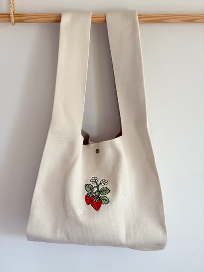 Large Strawberry Embroidered Knit Tote Bag