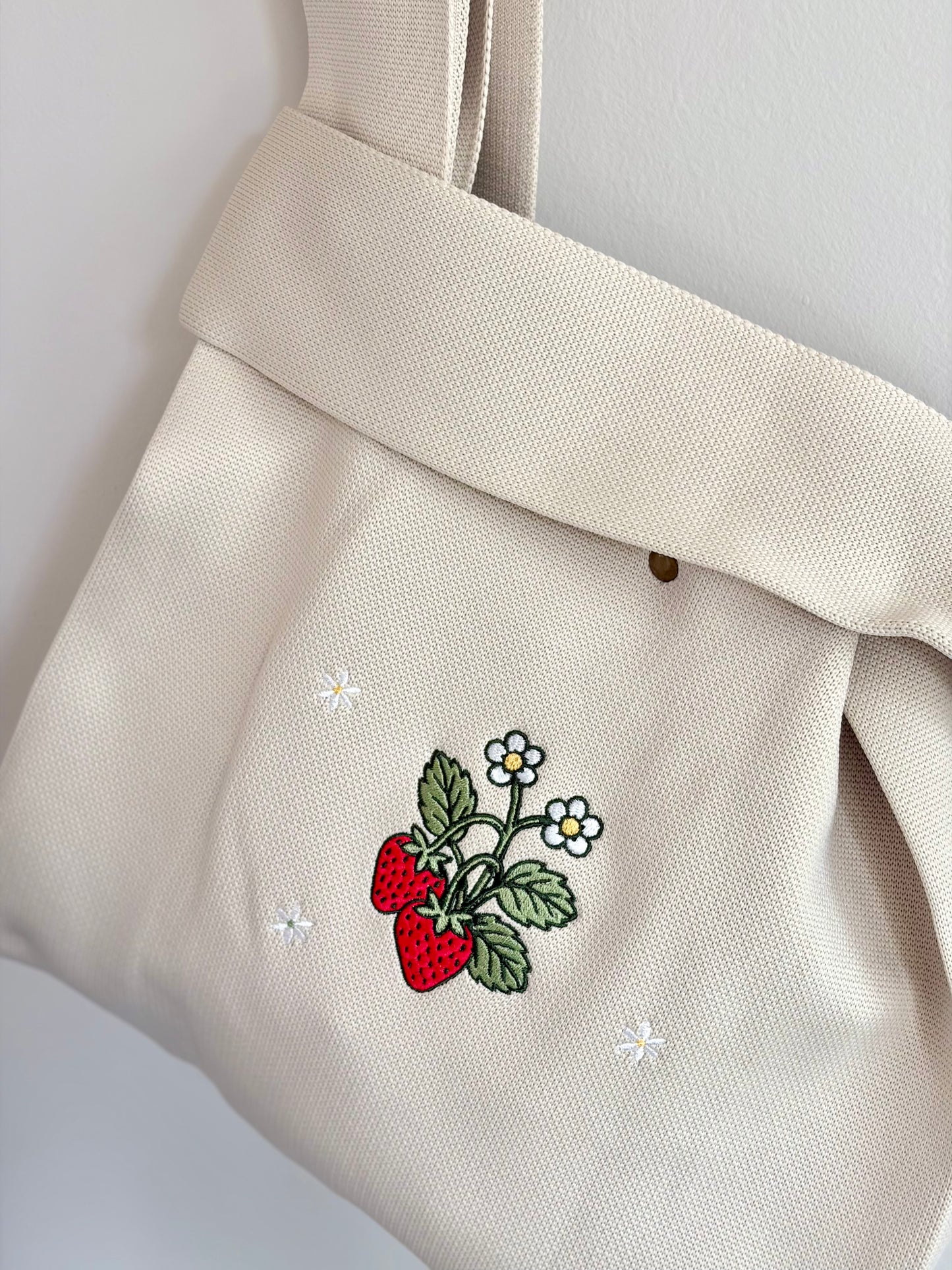 Large Strawberry Embroidered Knit Tote Bag