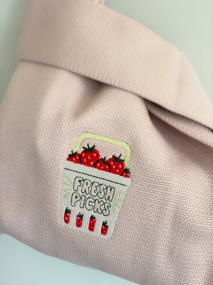 Fresh Strawberry Embroidered Knit Tote Bag