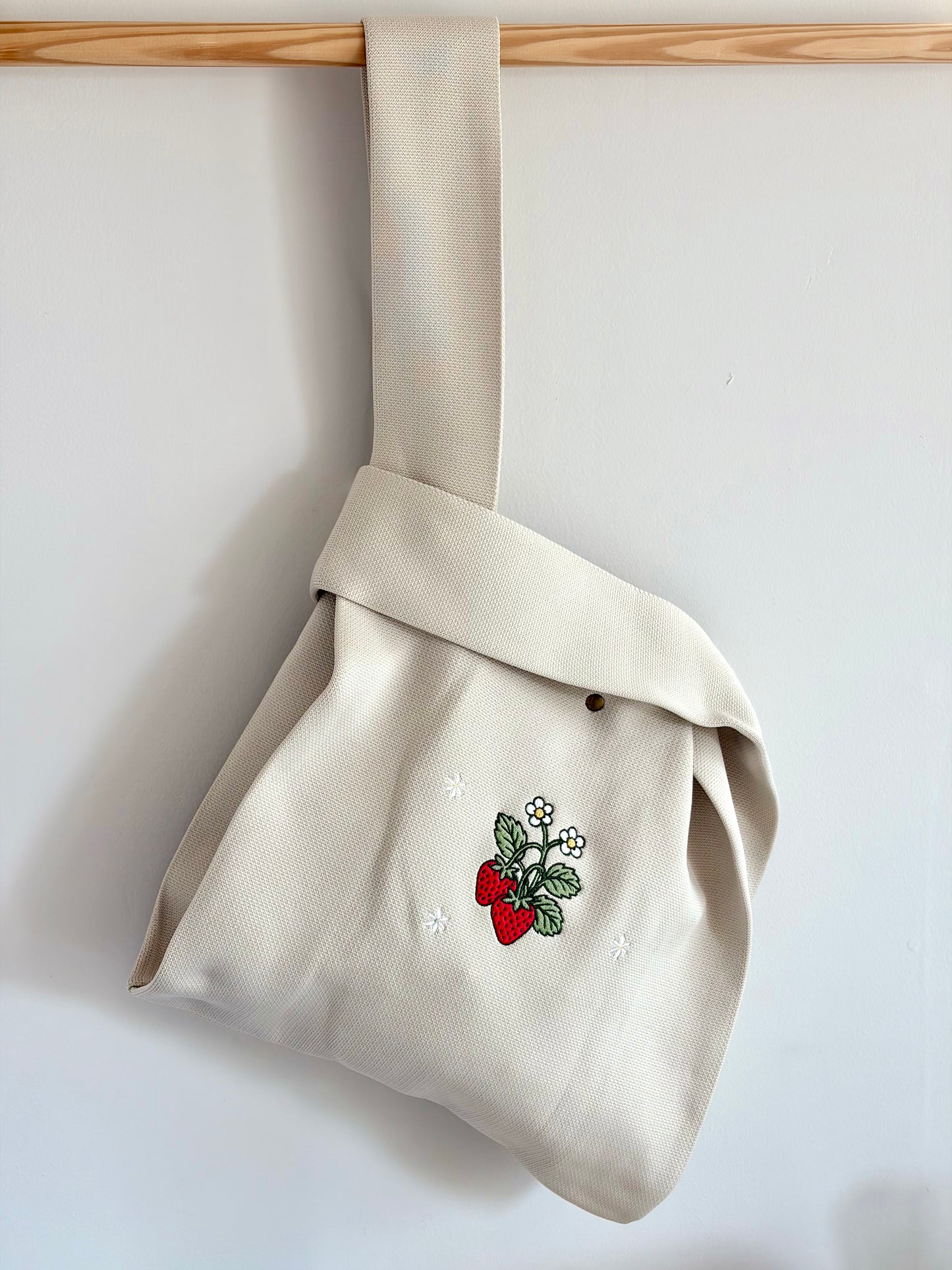 Large Strawberry Embroidered Knit Tote Bag