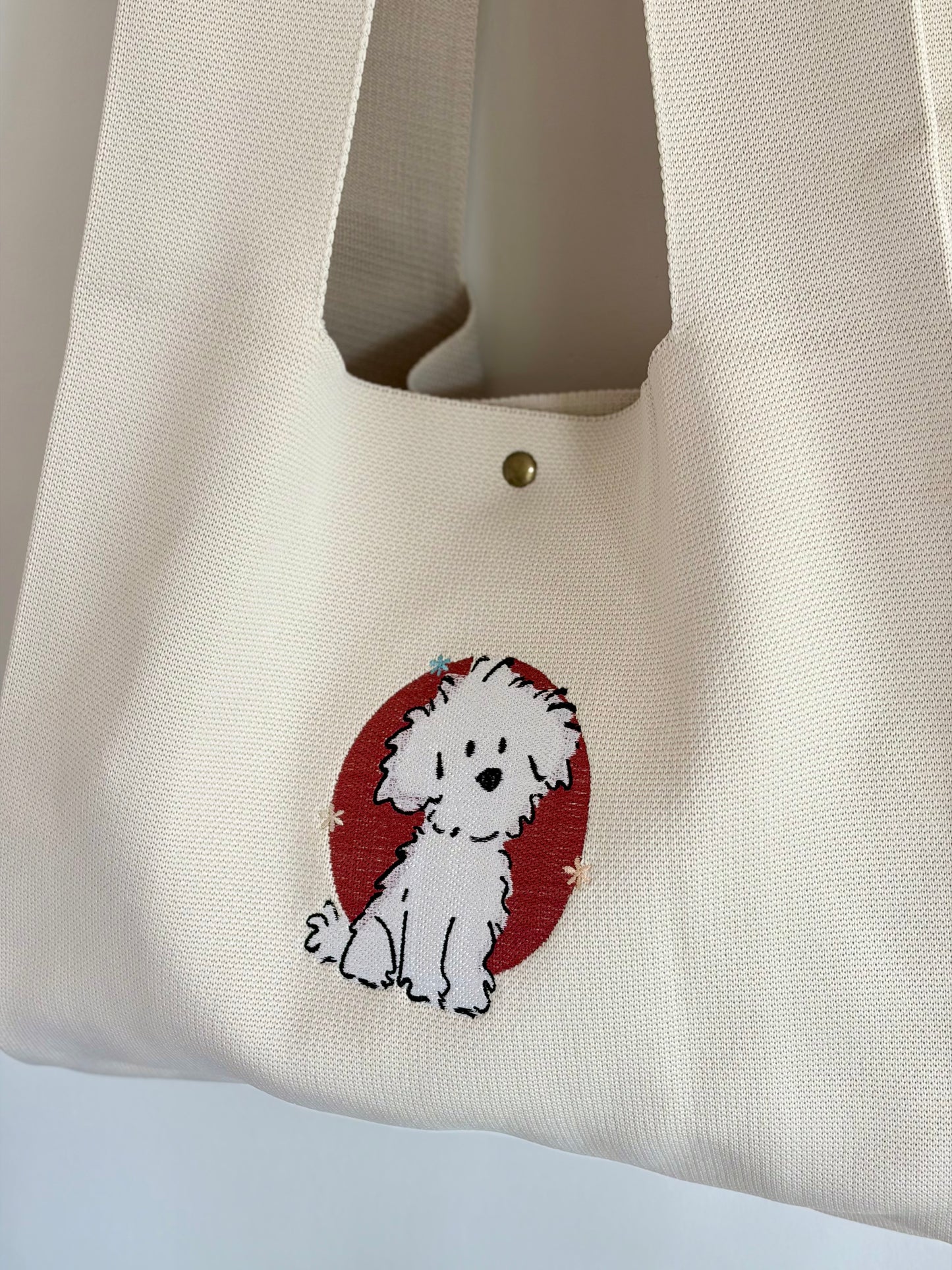 Large White Dog Embroidered Knit Tote Bag