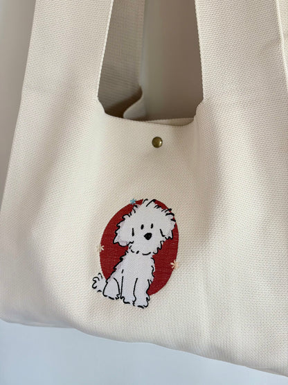 Large White Dog Embroidered Knit Tote Bag