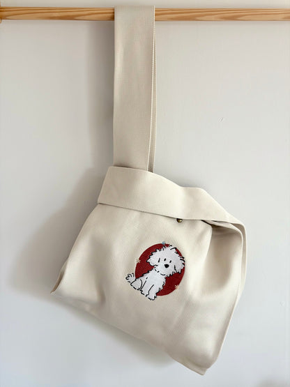 Large White Dog Embroidered Knit Tote Bag