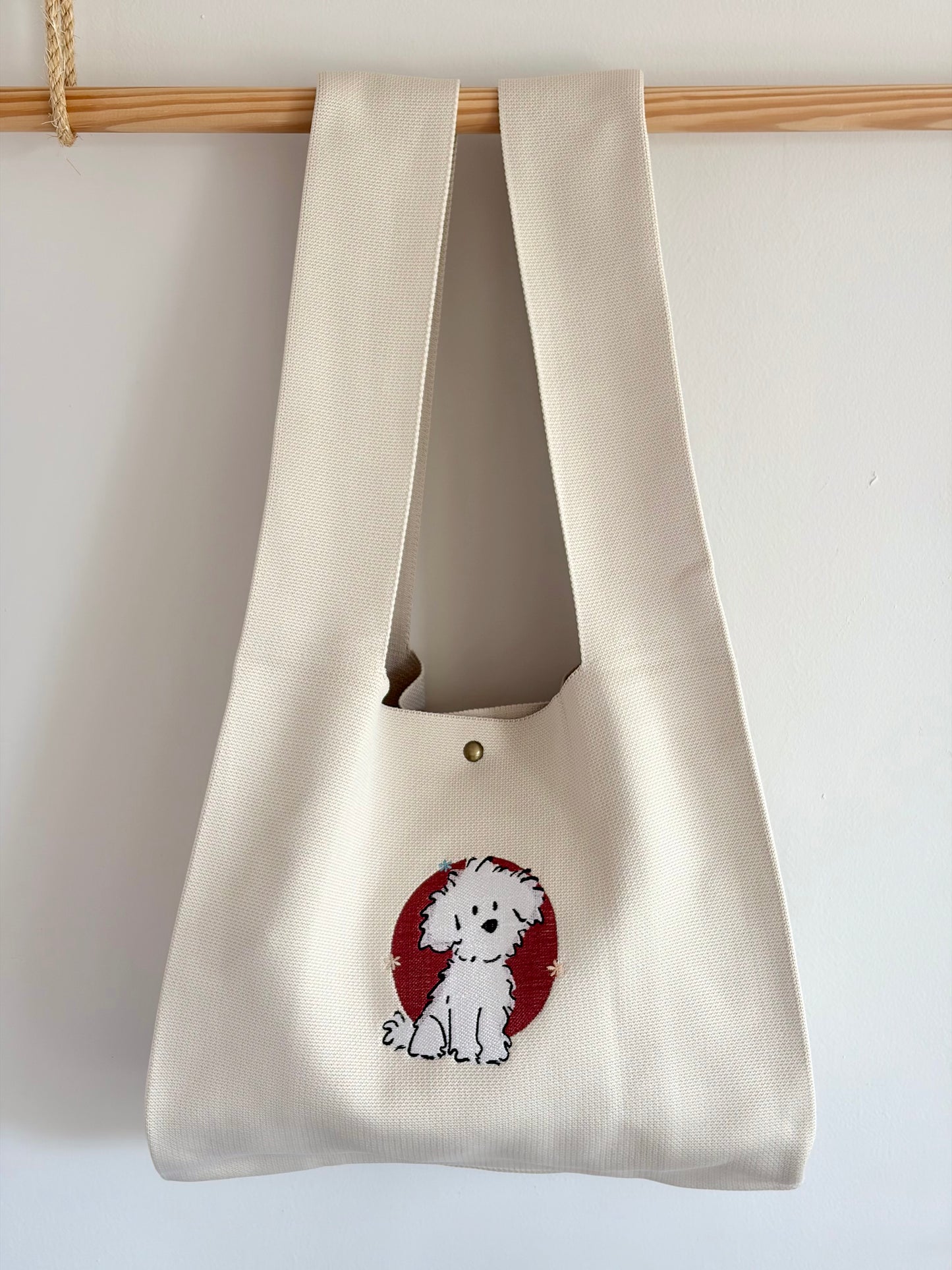Large White Dog Embroidered Knit Tote Bag