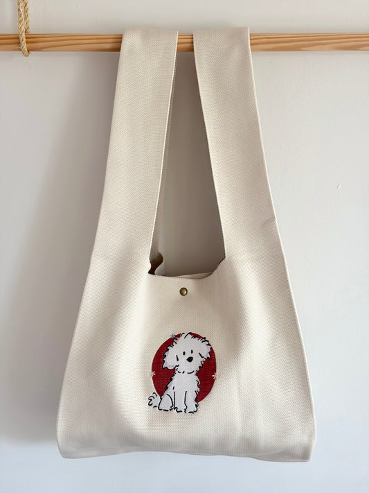 Large White Dog Embroidered Knit Tote Bag