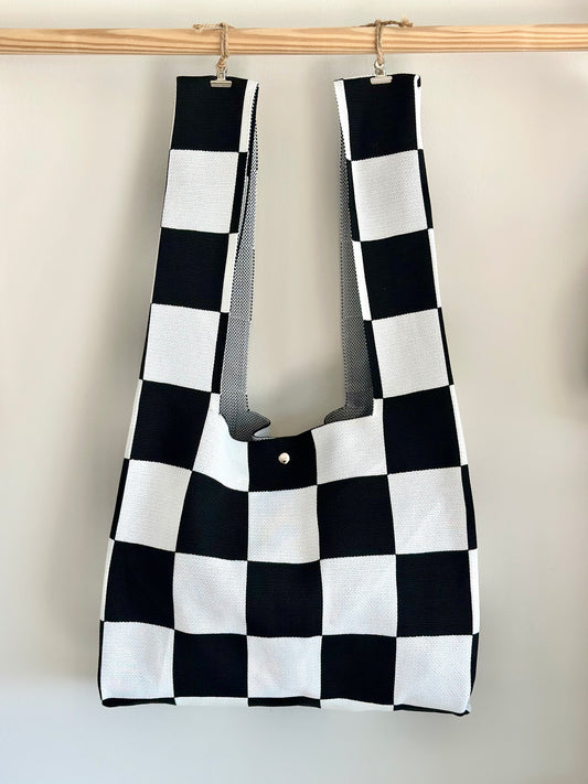 Large Knit Tote Bag - B&W Checker