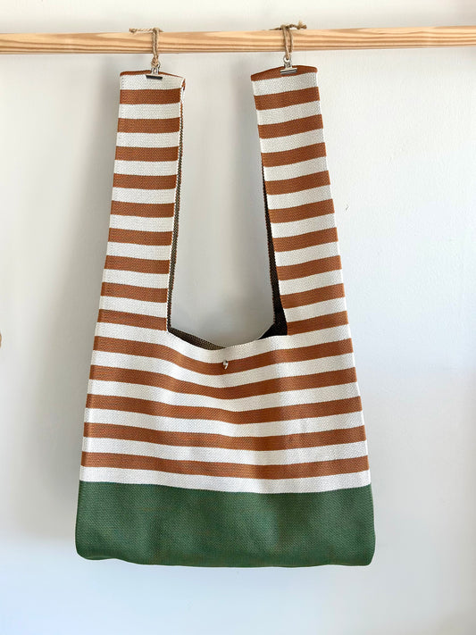 Large Knit Tote Bag - Brown Striped
