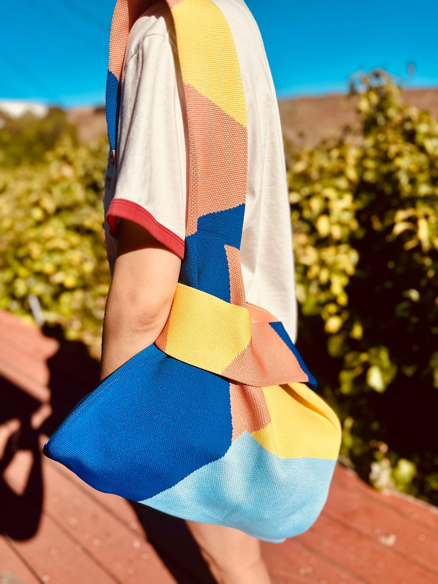 Large Knit Tote Bag - Brown Striped