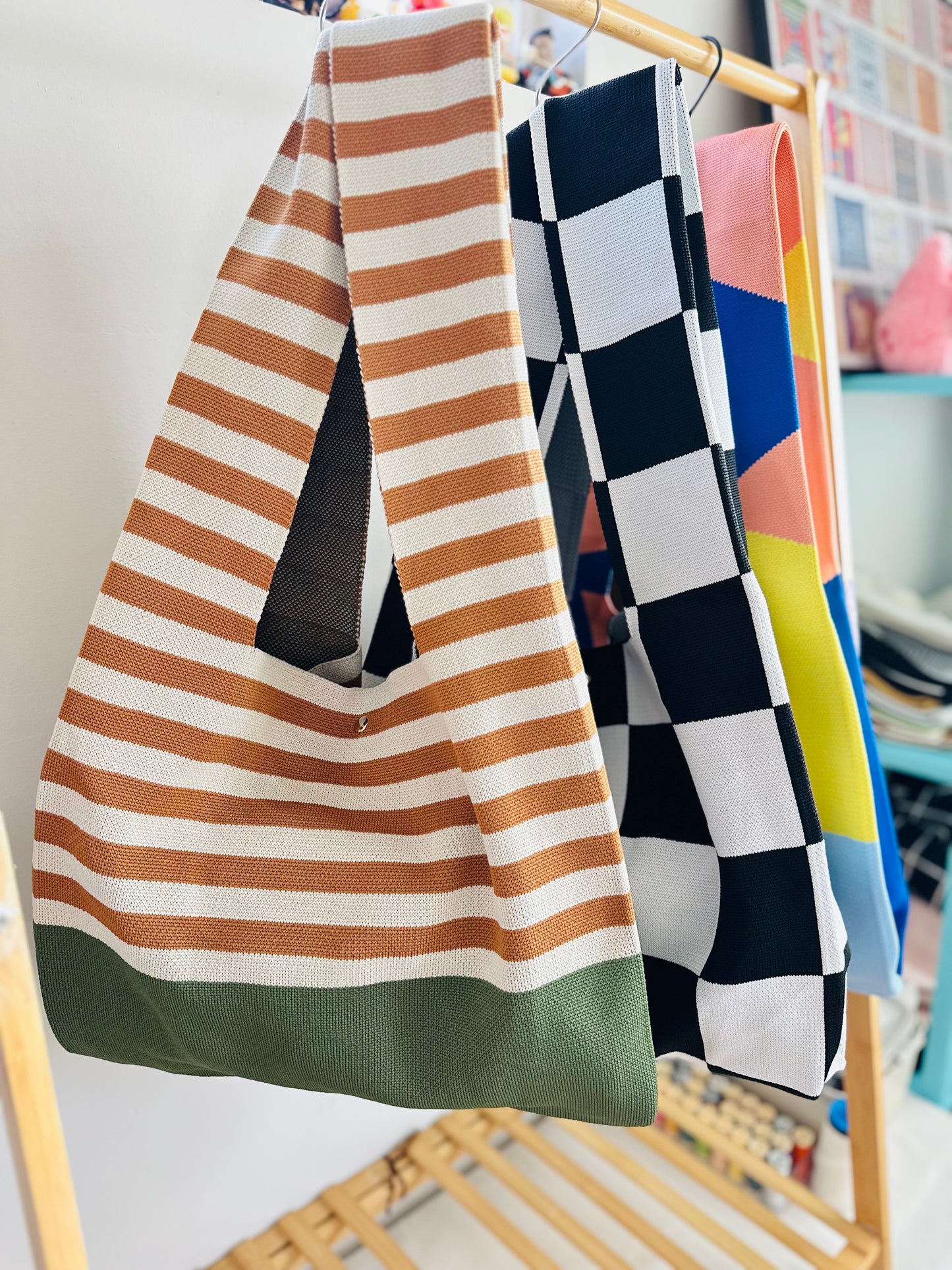 Large Knit Tote Bag - Brown Striped