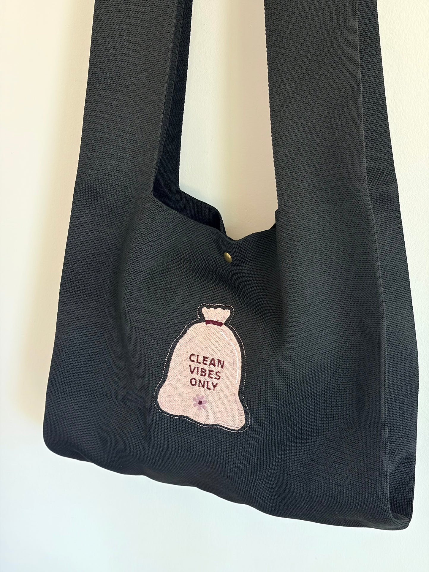 Large Clean Vibe Only Black Embroidered Knit Tote Bag