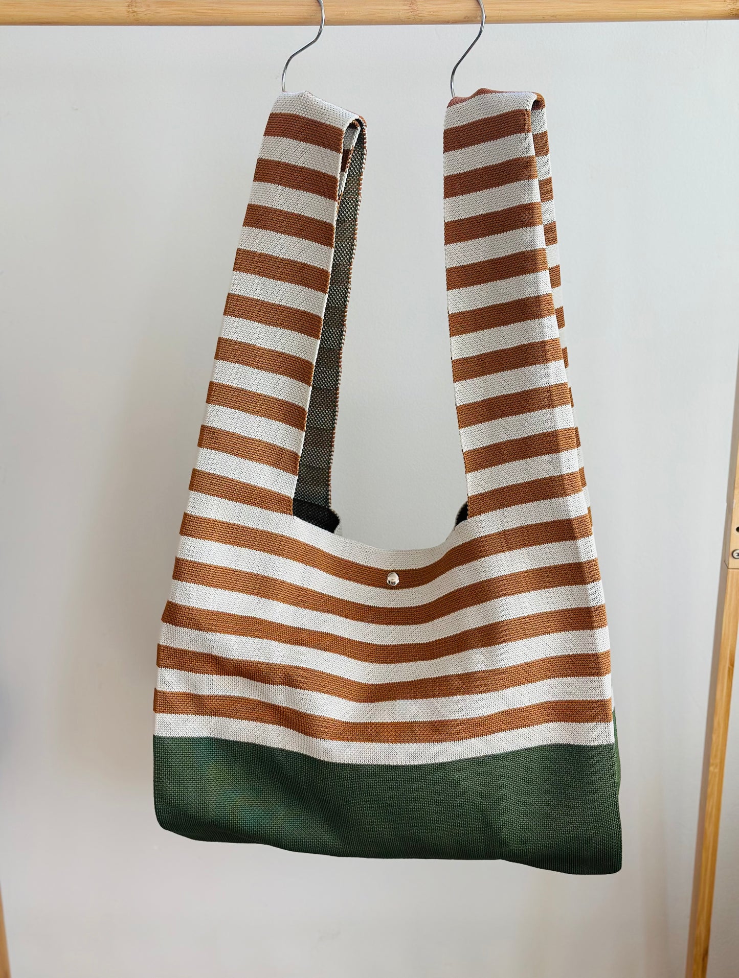 Large Knit Tote Bag - Brown Striped