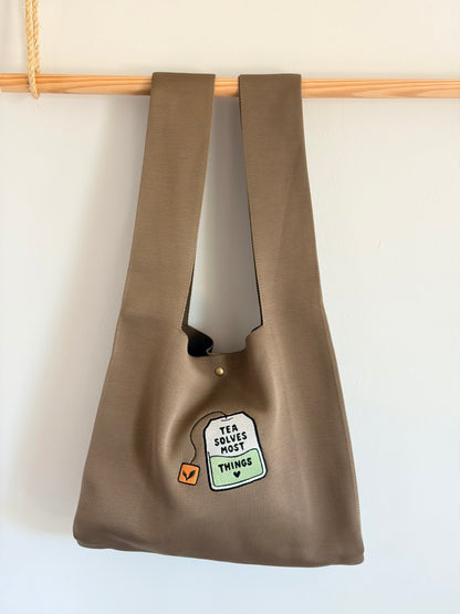 Large Tea Bag Brown Embroidered Knit Tote Bag