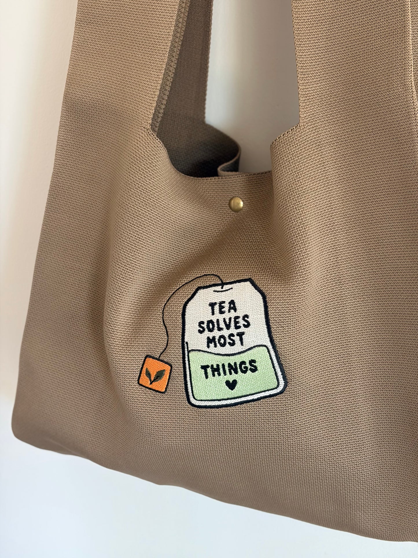 Large Tea Bag Brown Embroidered Knit Tote Bag