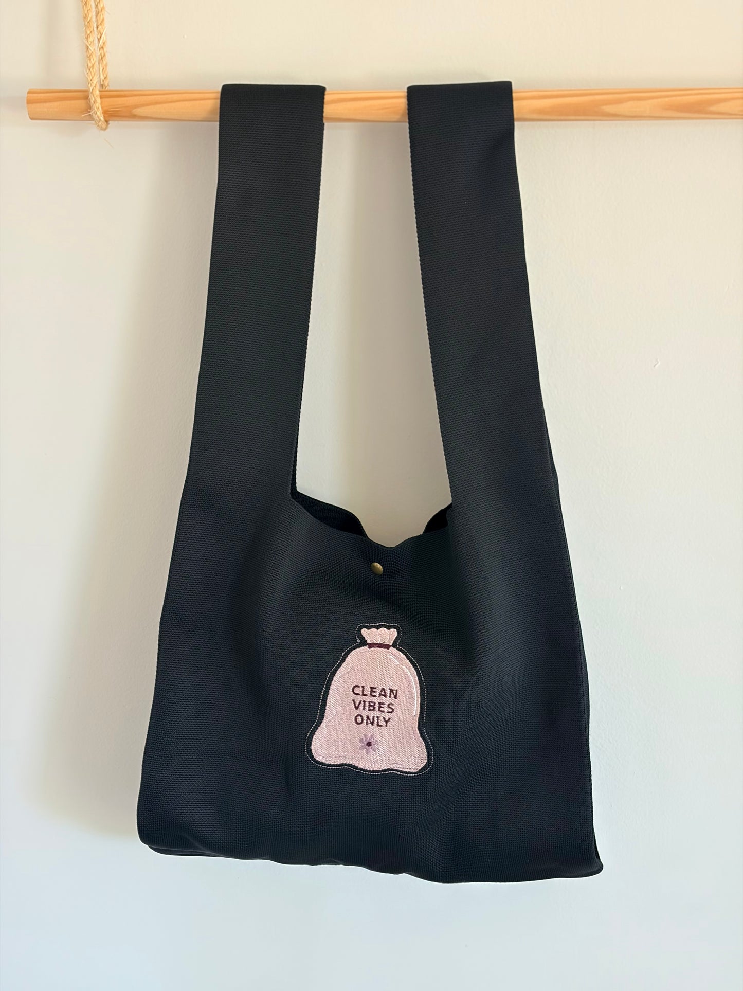 Large Clean Vibe Only Black Embroidered Knit Tote Bag