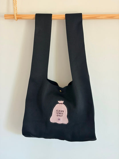 Large Clean Vibe Only Black Embroidered Knit Tote Bag
