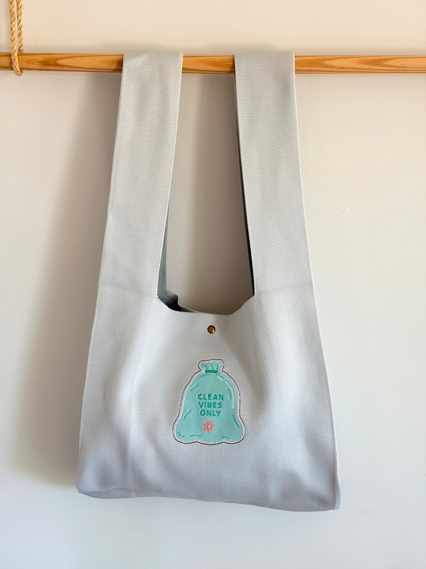 Large Clean Vibe Only Grey Embroidered Knit Tote Bag