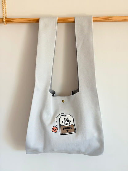 Large Tea Bag Grey Embroidered Knit Tote Bag